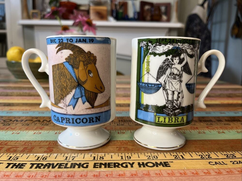 1970 Vintage Zodiac Ceramic Pedestal Coffee Mug Tea Cup 2 pc Capricorn Libra